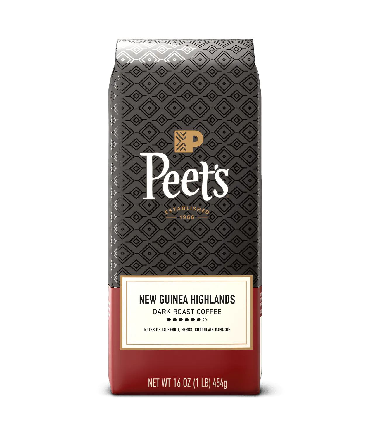 Peet's coffee New Guinea Highlands bag with a black and red design on a green background